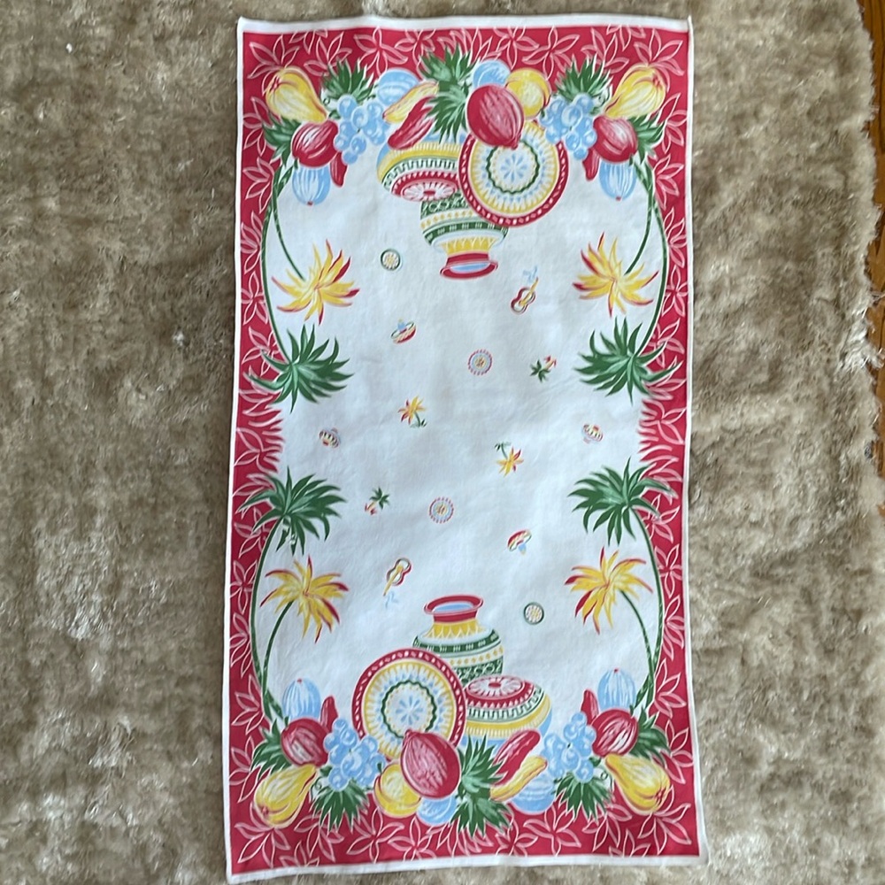 VINTAGE Colorful MCM 1950s Printed Kitchen Dish Table Runner Tea Towel Tropical